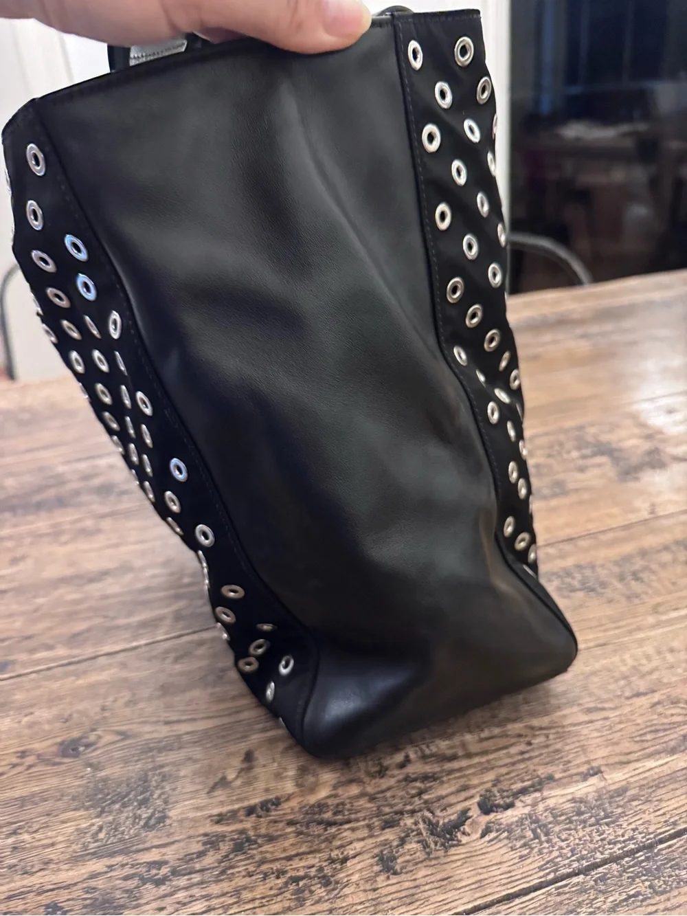 Auth. Prada Black Grommet/Eyelet Nylon & Calfskin with Leather interior Tote Bag